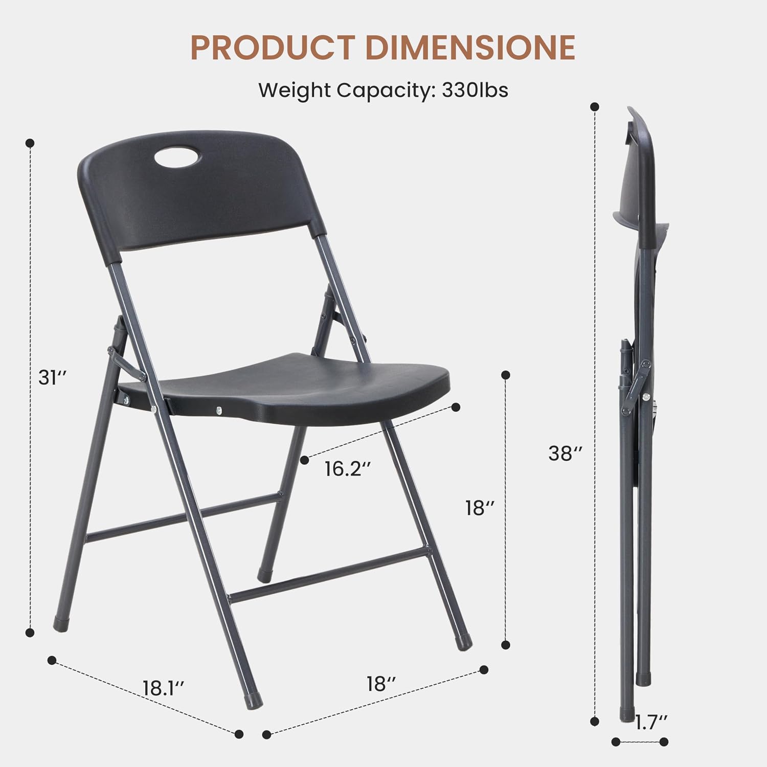 HealSmart Heavy Duty Folding Chairs, 330lbs Capacity Commercial Grade Plastic Chair, 1.7" Ultra-Slim Portable Foldable Chairs for Events & Office, Black, 2 Pack