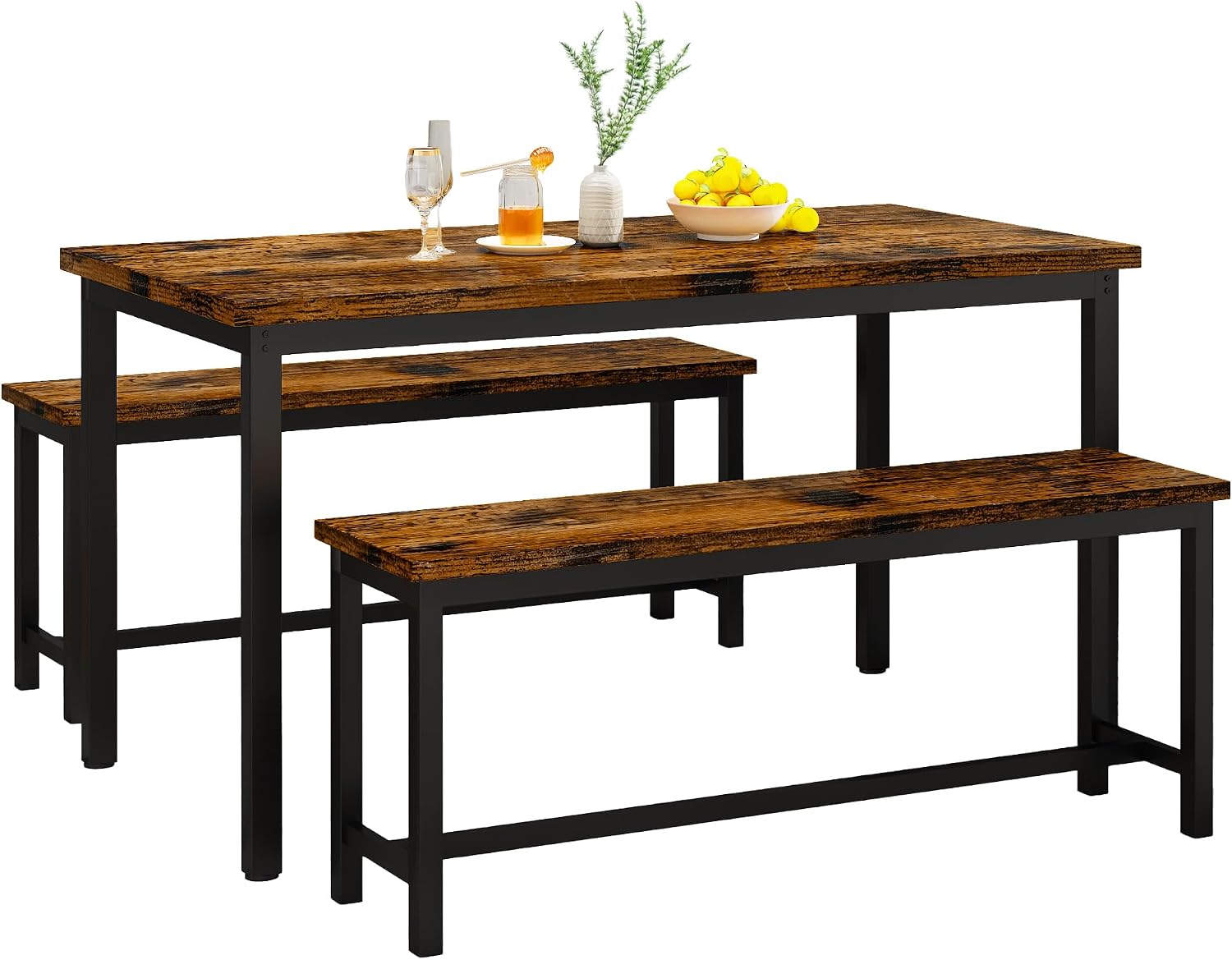 Lamerge Dining Room Table Set with 2 Benches, Dining Table Set for 4-6, Kitchen Table Set for Home Kitchen, Dining Room, Restaurant, Space Saving, Rustic, 3 Pieces Dining Furniture Set (05-Brown)