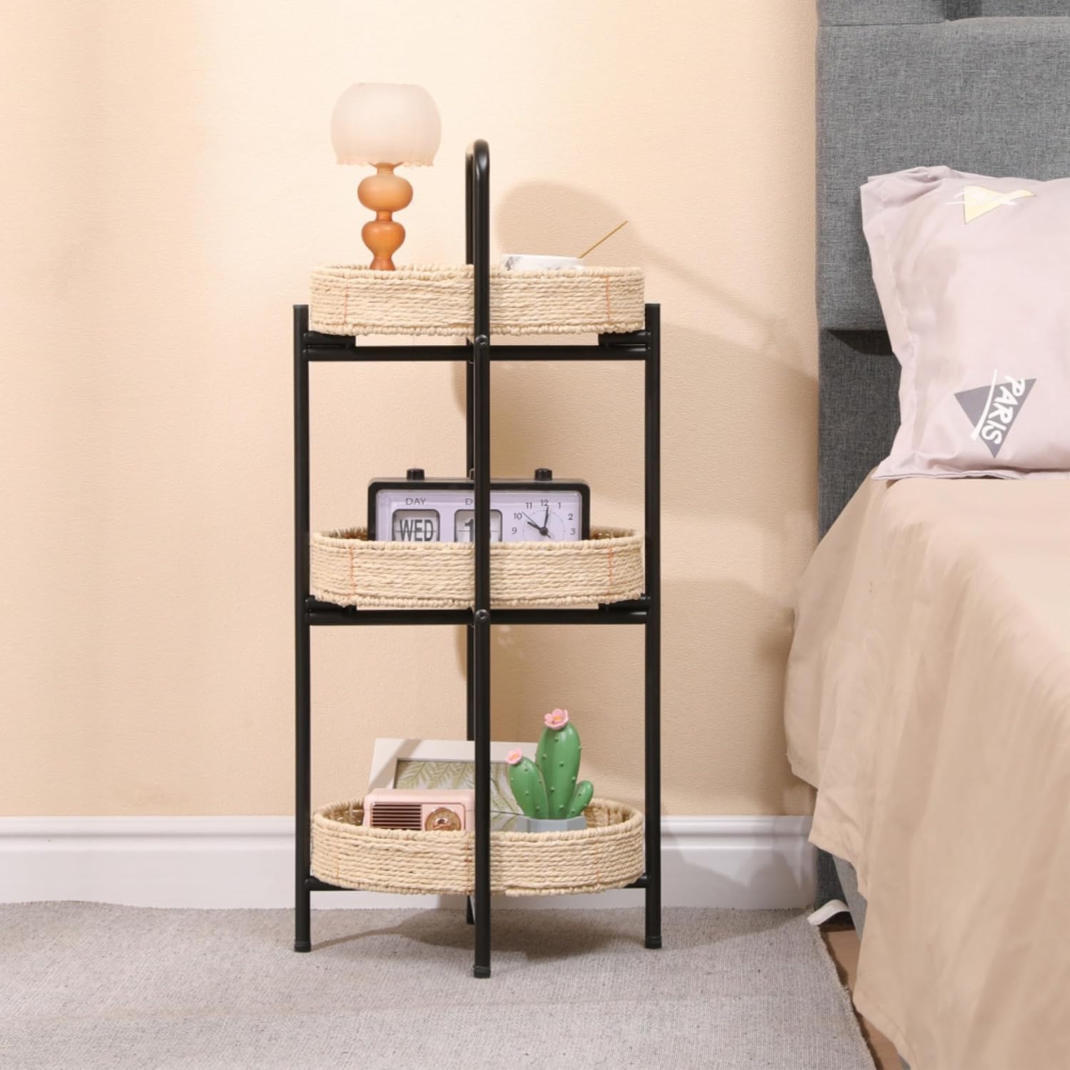 Handwoven Paper Rope Side Table, 3 Tier Oval Storage Shelf, Removable Basket Stand, Metal Frame End Accent Organizer for Kitchen Living Room Bedroom Balcony Picnic Snacks Plants Decor (Natural)
