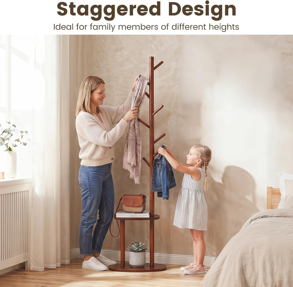 Giantex Coat Rack Freestanding, 70" Solid Wood Clothing Rack with 8 Hooks and 2 Storage Shelves, Wooden Hall Tree for Coats, Hats & Bags, Tall Coat Hanger Stand for Entryway, Living Room, Bedroom
