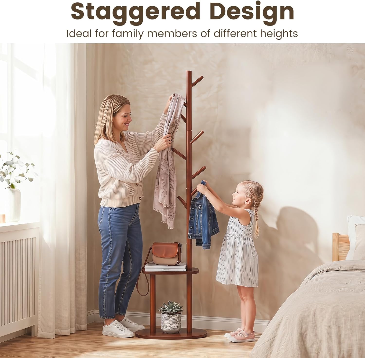 Giantex Coat Rack Freestanding, 70" Solid Wood Clothing Rack with 8 Hooks and 2 Storage Shelves, Wooden Hall Tree for Coats, Hats & Bags, Tall Coat Hanger Stand for Entryway, Living Room, Bedroom