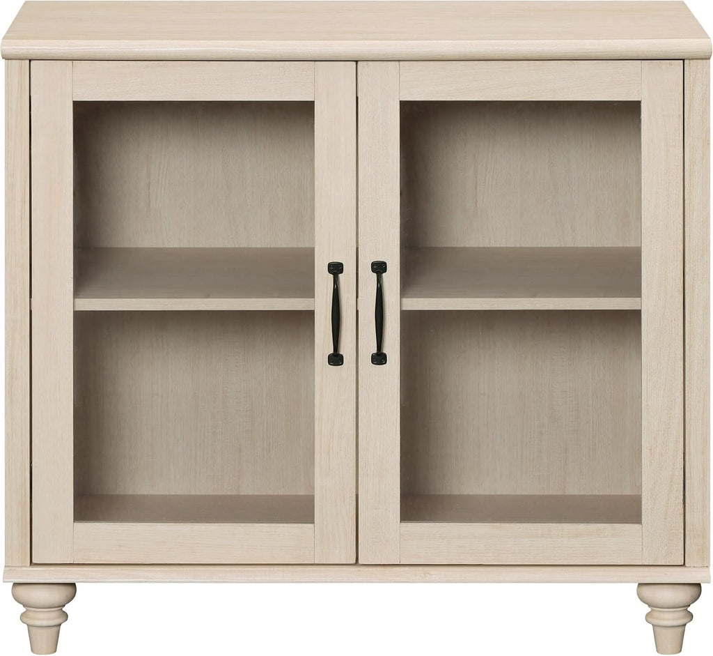 WAMPAT Farmhouse End Table with Ample Storage, Large Mid Century Modern Wood Bedside Table Night Stand, Wide Sofa Side End Table with Glass Doors, Cabinet for Living Room, Bedroom, Beige