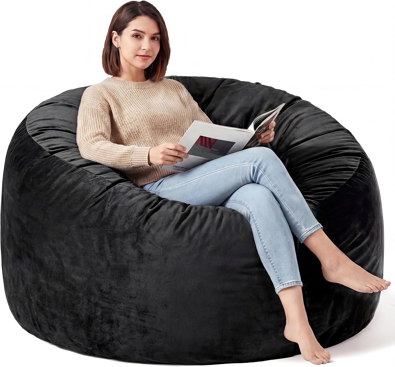 5FT Bean Bag Chair for Adults, Gaint Bean Bag with Filling, Memory Foam Bean Bags with Ultra Soft Washable Dutch Velvet Cover, Beanbag for Living Room, Bedroom and Gaming Room -5 Foot, Black