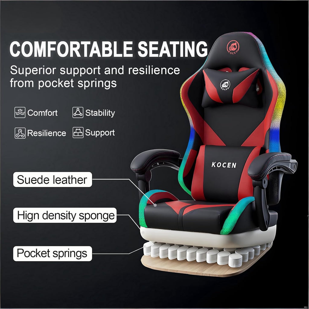 Kechen Gaming Chair, LED Light Gaming Chair with Footrest and Massage, Big and Tall Computer Chair with Lumbar Support, Gaming Chairs for Adults with Pocket Spring Cushion (LED Light, Red/Black)