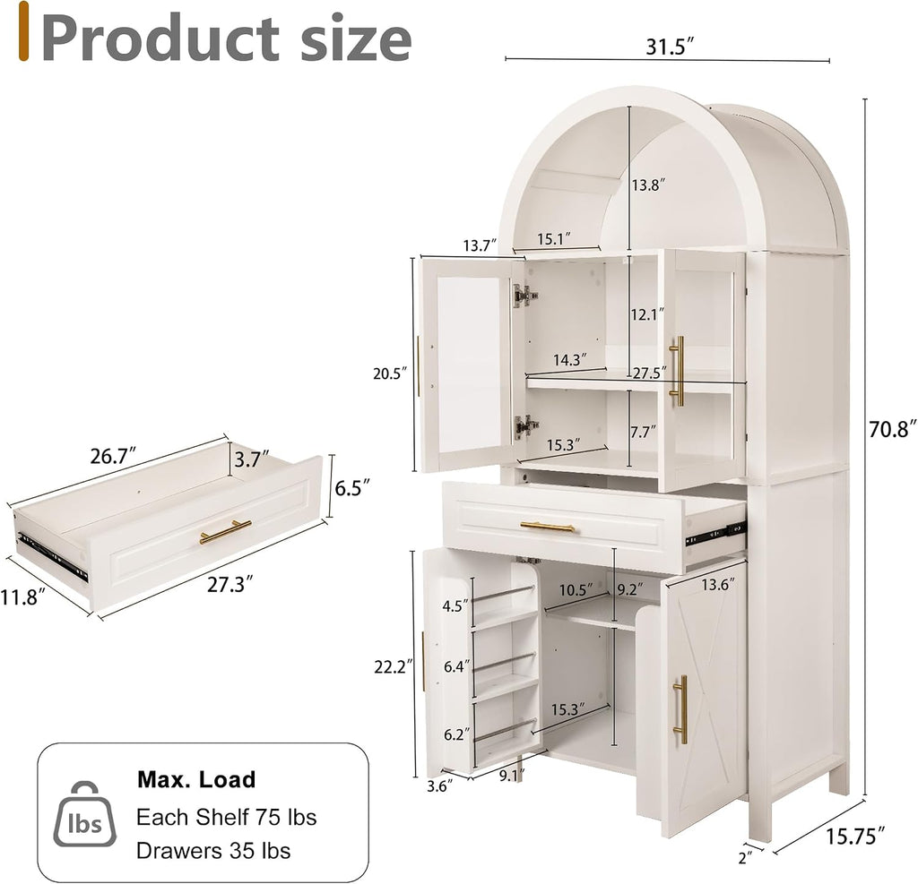 71" Tall Arched Kitchen Pantry Cabinet with Glass Door,Farmhouse Modern Wood Arched Cabinetsw/Adjustable Shelves & Drawer, Accent Cabinet with Barn Door for Kitchen, Living & Dining Room, Bathroom