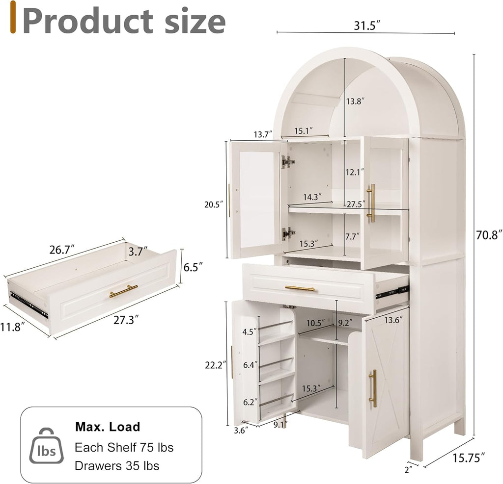 Mirightone 71" Tall Arched Kitchen Pantry, Farmhouse Storage Cabinet, Display Storage with Door Rack, Adjustable Shelves, Versatile Cupboard for Kitchen, Living Room, Dining Room, White