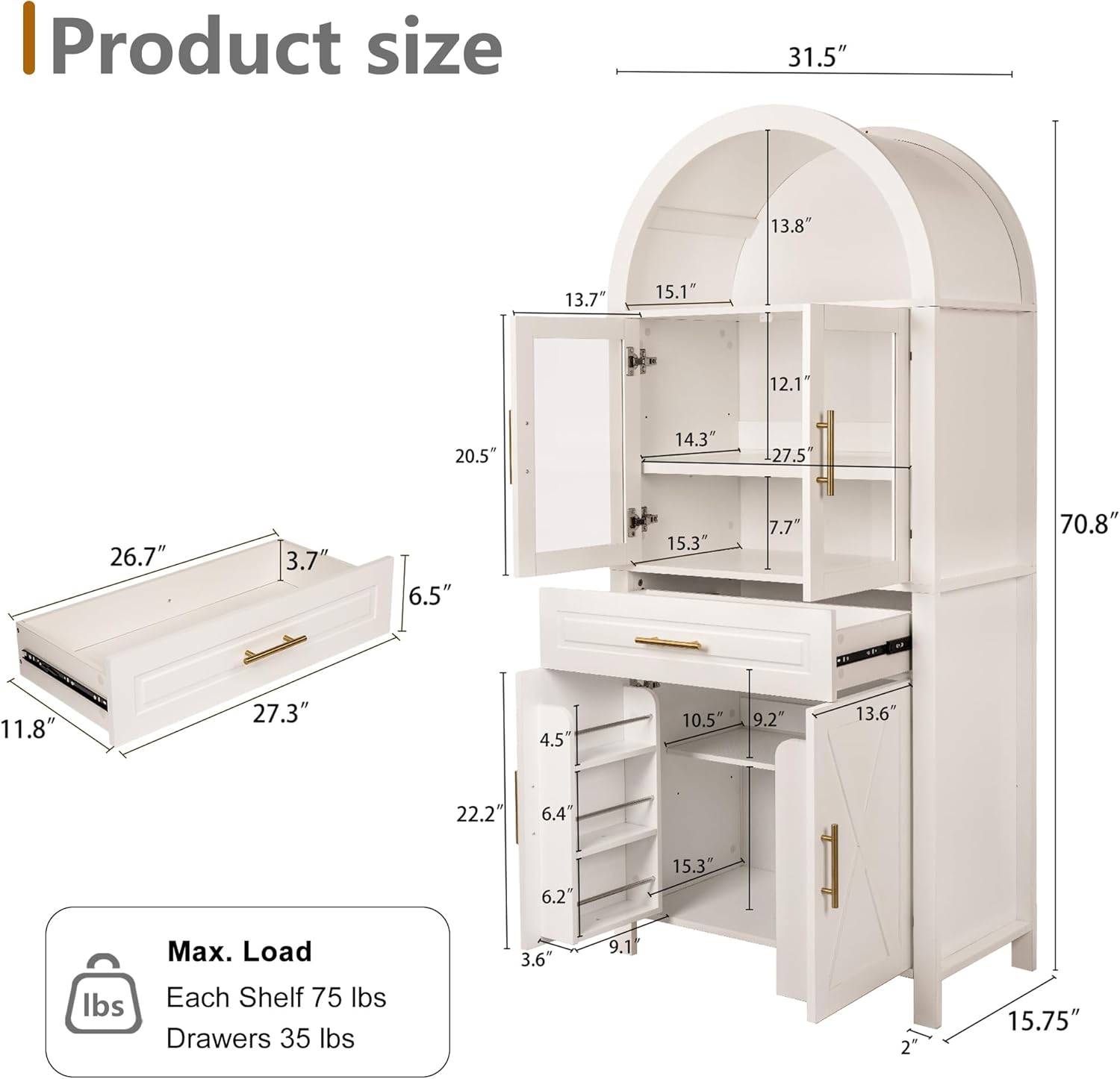 Mirightone 71" Tall Arched Kitchen Pantry, Farmhouse Storage Cabinet, Display Storage with Door Rack, Adjustable Shelves, Versatile Cupboard for Kitchen, Living Room, Dining Room, White