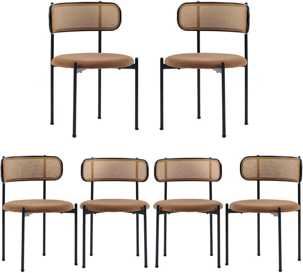 Brown Rattan Dining Chairs Set of 6, Mid-Century Modern Chair with Boucle, Kitchen Dining Room Chairs for Living Room with Metal Legs, Round Upholstered Sherpa