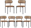 Brown Rattan Dining Chairs Set of 6, Mid-Century Modern Chair with Boucle, Kitchen Dining Room Chairs for Living Room with Metal Legs, Round Upholstered Sherpa