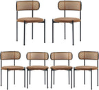 Brown Rattan Dining Chairs Set of 6, Mid-Century Modern Chair with Boucle, Kitchen Dining Room Chairs for Living Room with Metal Legs, Round Upholstered Sherpa