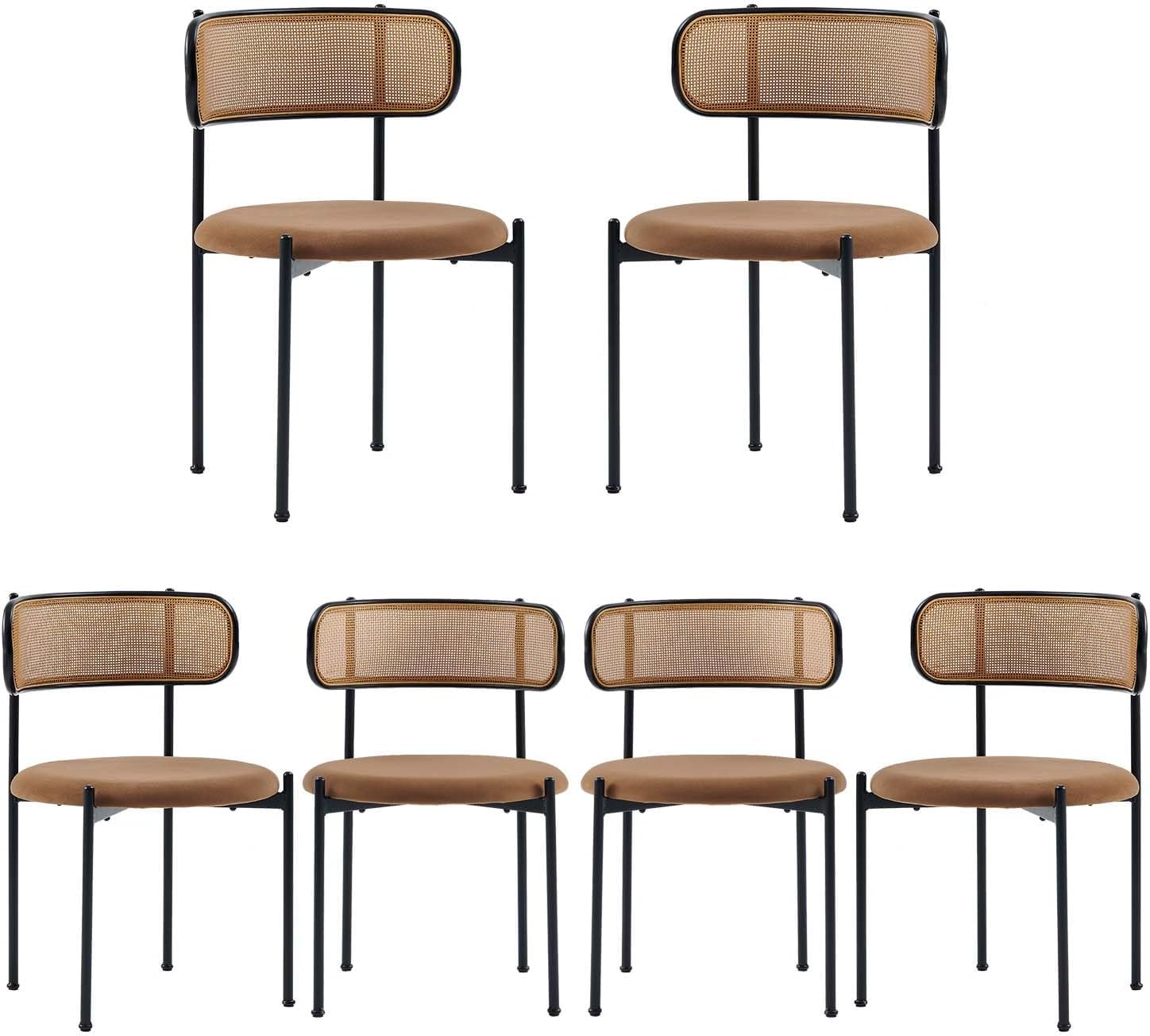 Brown Rattan Dining Chairs Set of 6, Mid-Century Modern Chair with Boucle, Kitchen Dining Room Chairs for Living Room with Metal Legs, Round Upholstered Sherpa