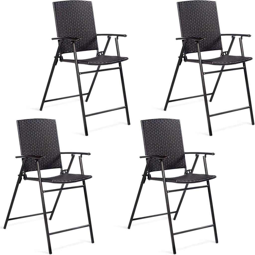 Casart Folding Wicker Rattan Bar Chairs Set of 4, Tall Stool with Back, Steel Frame, Armrests and Footrest, Bar Stools Garden Patio Furniture Set