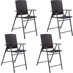Casart Folding Wicker Rattan Bar Chairs Set of 4, Tall Stool with Back, Steel Frame, Armrests and Footrest, Bar Stools Garden Patio Furniture Set