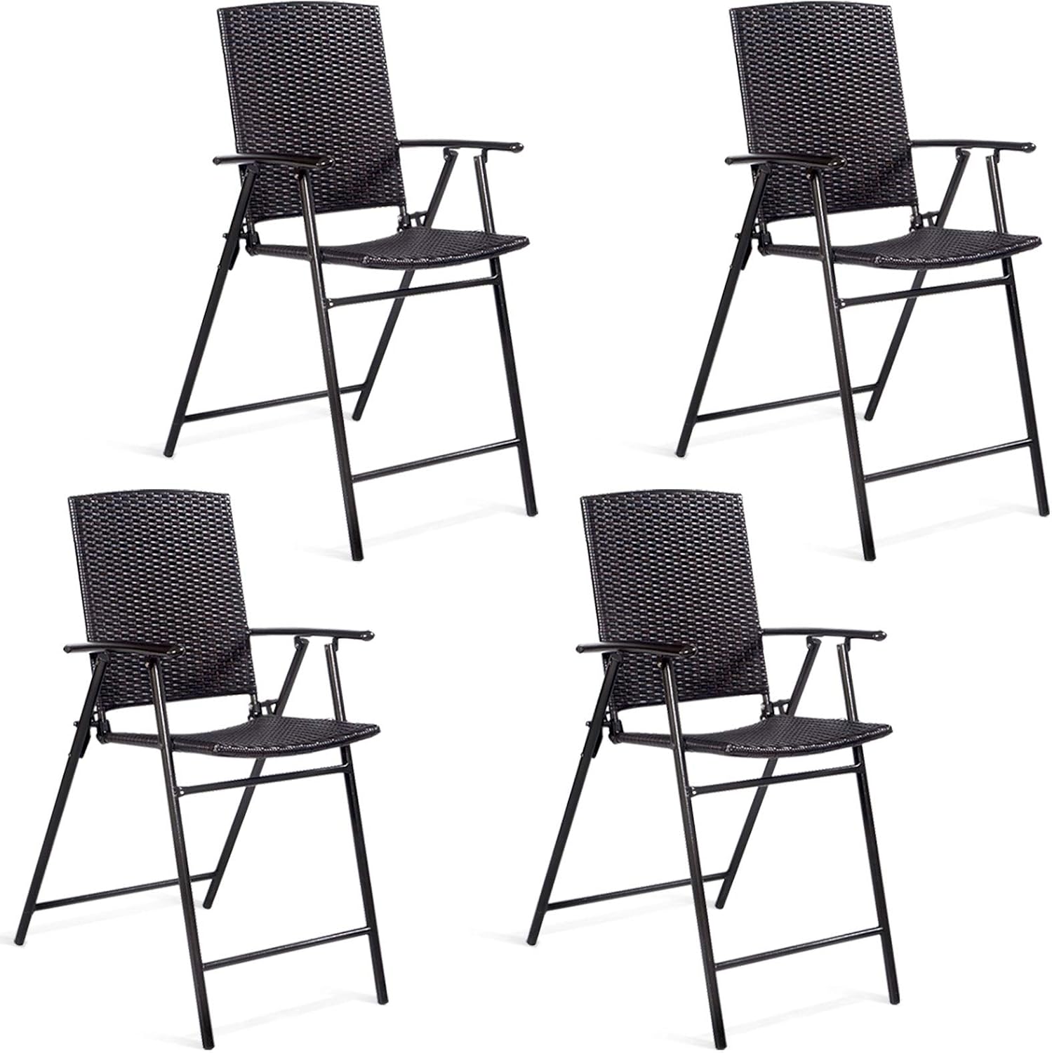 Casart Folding Wicker Rattan Bar Chairs Set of 4, Tall Stool with Back, Steel Frame, Armrests and Footrest, Bar Stools Garden Patio Furniture Set