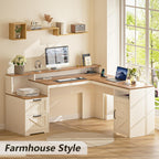 YOMILUVE 63" Farmhouse L Shaped Executive Desk with Drawers & Storage Shelf, Corner Computer Desk with Power Outlets, L Shaped Office Desk with Monitor Stand, Printer Shelf, Antique White