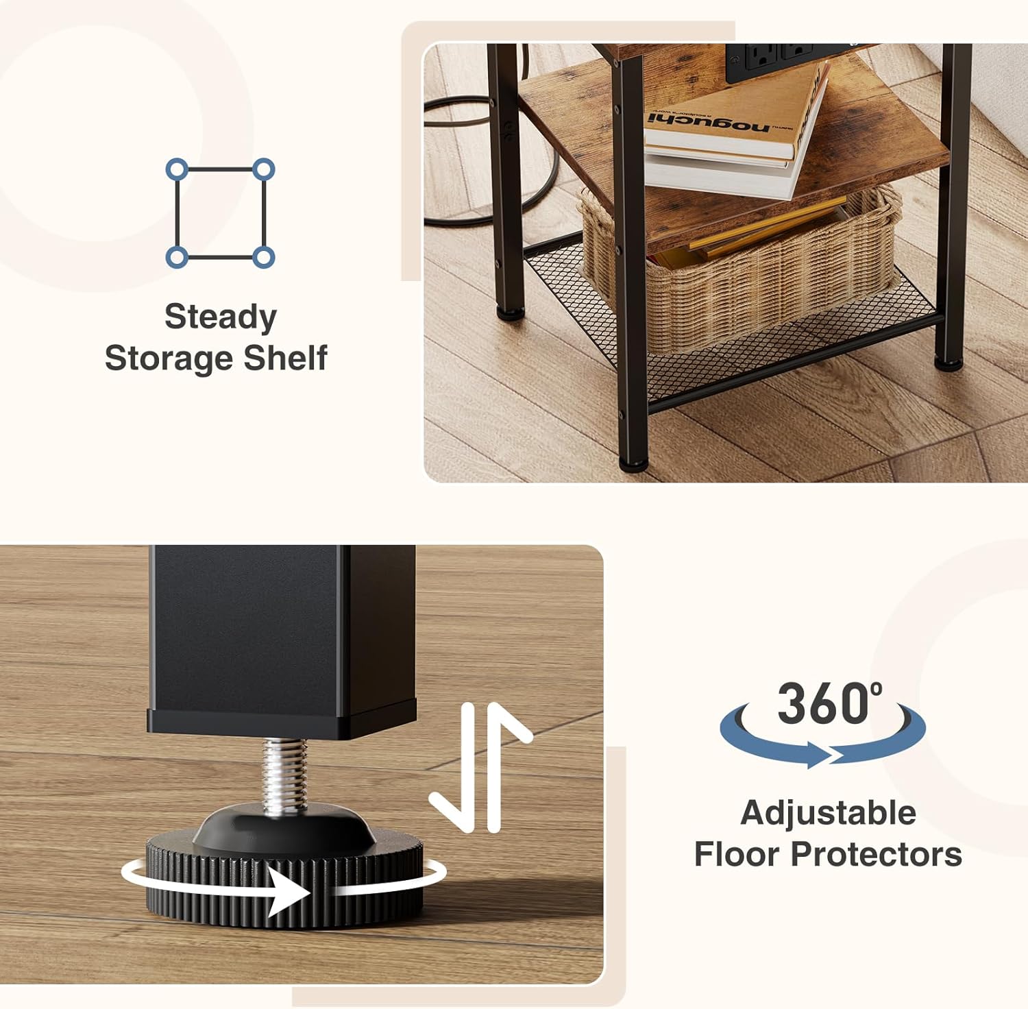 DUMOS 15.7" Small Side Table Set of 2 with Charging Station, End Table with Outlets & USB Ports, 3-Tier Adjustable Nightstand for Living Room, Bedroom, Small Spaces, Record Player Stand, Rustic Brown