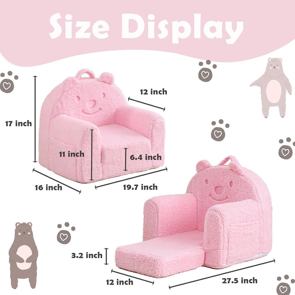 Kids Chair, Sherpa Bear Fold-Out Convertible Kids Couch, Pink | Kids couch flip out lounger, children reading chair, kids sofa with plush foam, removable cover, gift for boys girls