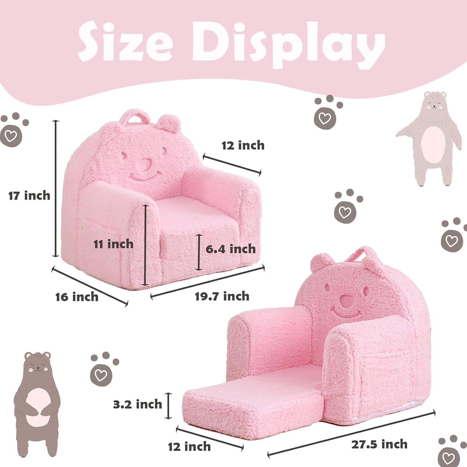 Kids Chair, Sherpa Bear Fold-Out Convertible Kids Couch, Pink | Kids couch flip out lounger, children reading chair, kids sofa with plush foam, removable cover, gift for boys girls