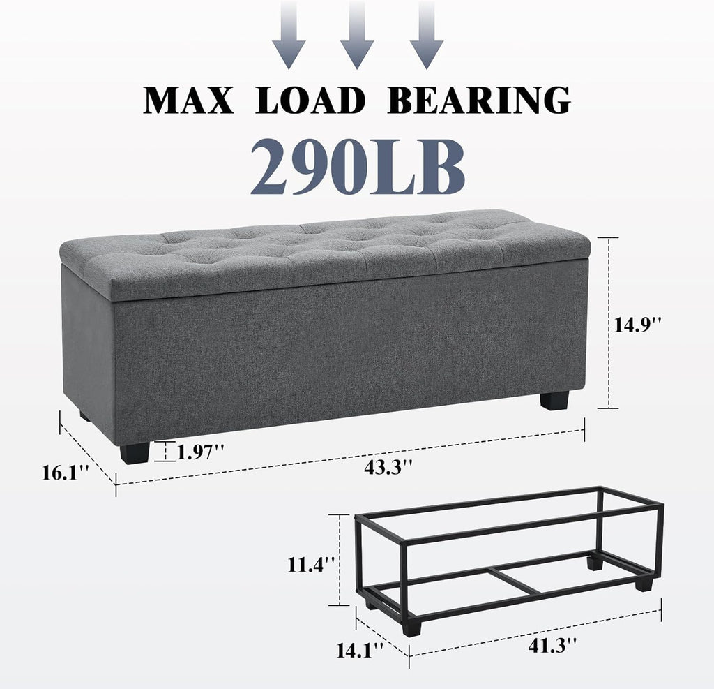 43" Ottoman with Storage and Sturdy Metal Frame, Tufted Upholstered Storage Bench, Modern Footboard Hideaway Chest with Removable Lid and Footrest for Living Room, Entryway (Dark Gray)