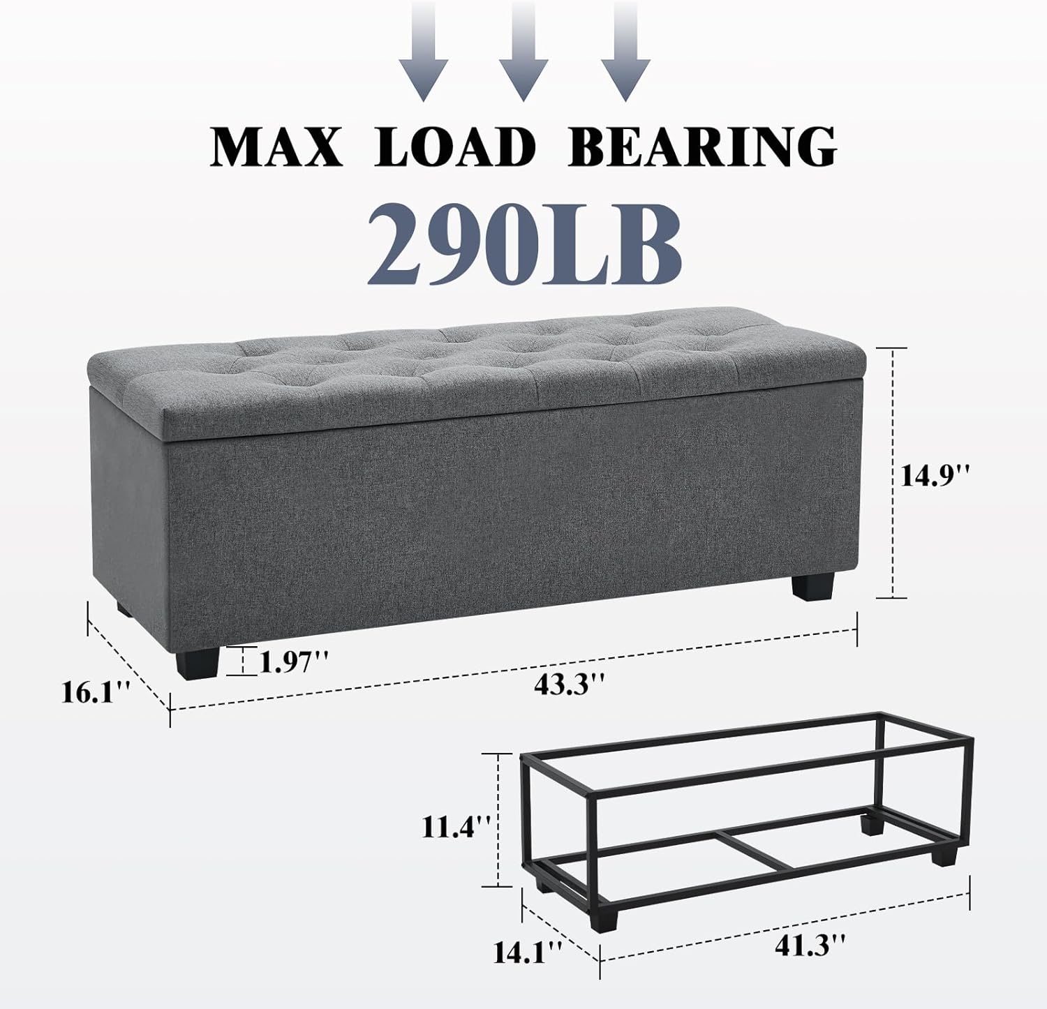 43" Ottoman with Storage and Sturdy Metal Frame, Tufted Upholstered Storage Bench, Modern Footboard Hideaway Chest with Removable Lid and Footrest for Living Room, Entryway (Dark Gray)