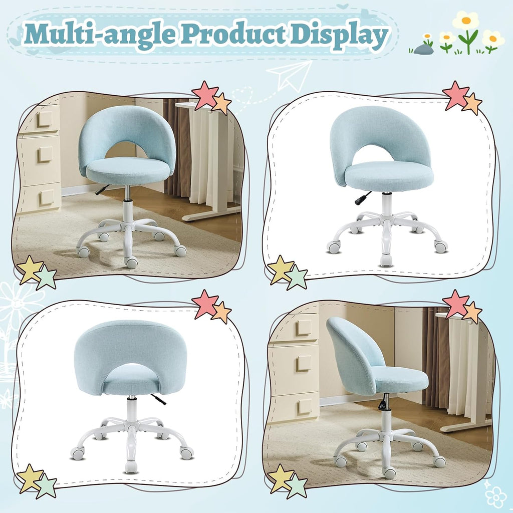 VINGLI Small Vanity Chair with Wheels for Girls.Cute Modern Adjustable Height Armless Office Desk Chair.360°Swivel Comfy Rolling Chair for Study, Make up Room,Small Space,Linen Light Blue