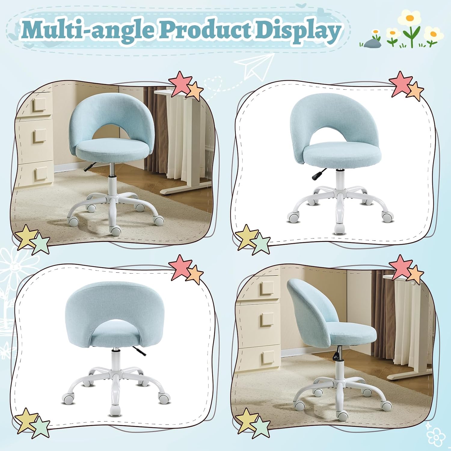 VINGLI Small Vanity Chair with Wheels for Girls.Cute Modern Adjustable Height Armless Office Desk Chair.360°Swivel Comfy Rolling Chair for Study, Make up Room,Small Space,Linen Light Blue