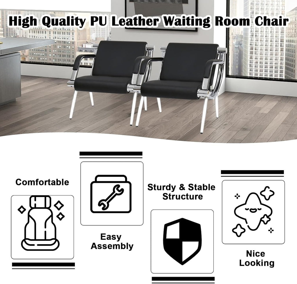kinbor 2 PCS Waiting Room Guest Chairs, PU Leather Office Reception Chair, Lobby Furniture Reception Sofa Seat with Arms for Airport Salon Clinic, Black