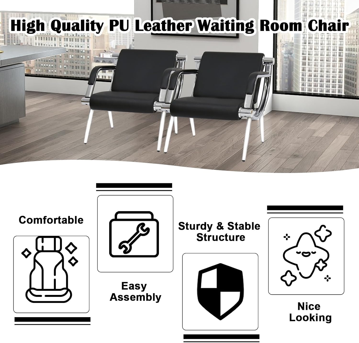 kinbor 2 PCS Waiting Room Guest Chairs, PU Leather Office Reception Chair, Lobby Furniture Reception Sofa Seat with Arms for Airport Salon Clinic, Black