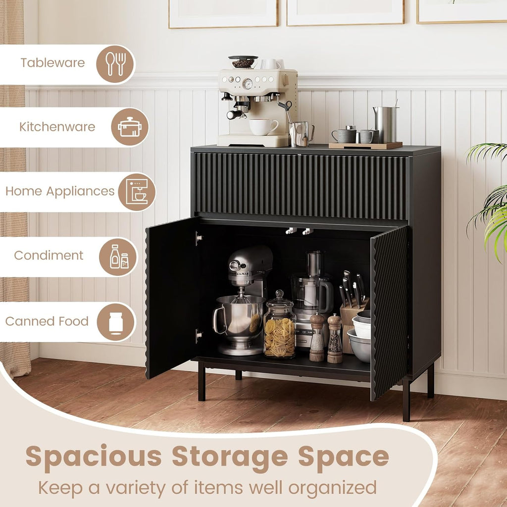 Giantex Buffet Cabinet with Storage, 32" Wide Coffee Bar Console Table with 2 Doors and 1 Drawer, Sideboard Credenza, Modern Fluted Storage Cabinet for Kitchen, Dining Room, Living Room (1)