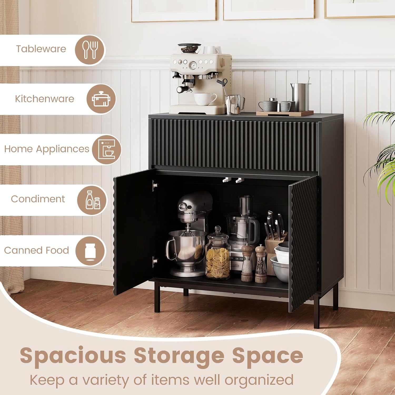Giantex Buffet Cabinet with Storage, 32" Wide Coffee Bar Console Table with 2 Doors and 1 Drawer, Sideboard Credenza, Modern Fluted Storage Cabinet for Kitchen, Dining Room, Living Room (1)