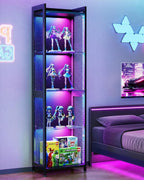AODK Display Cabinet with LED Lights, 4-Tiers Display Case with Glass Storage Shelves, Black Curio Cabinet