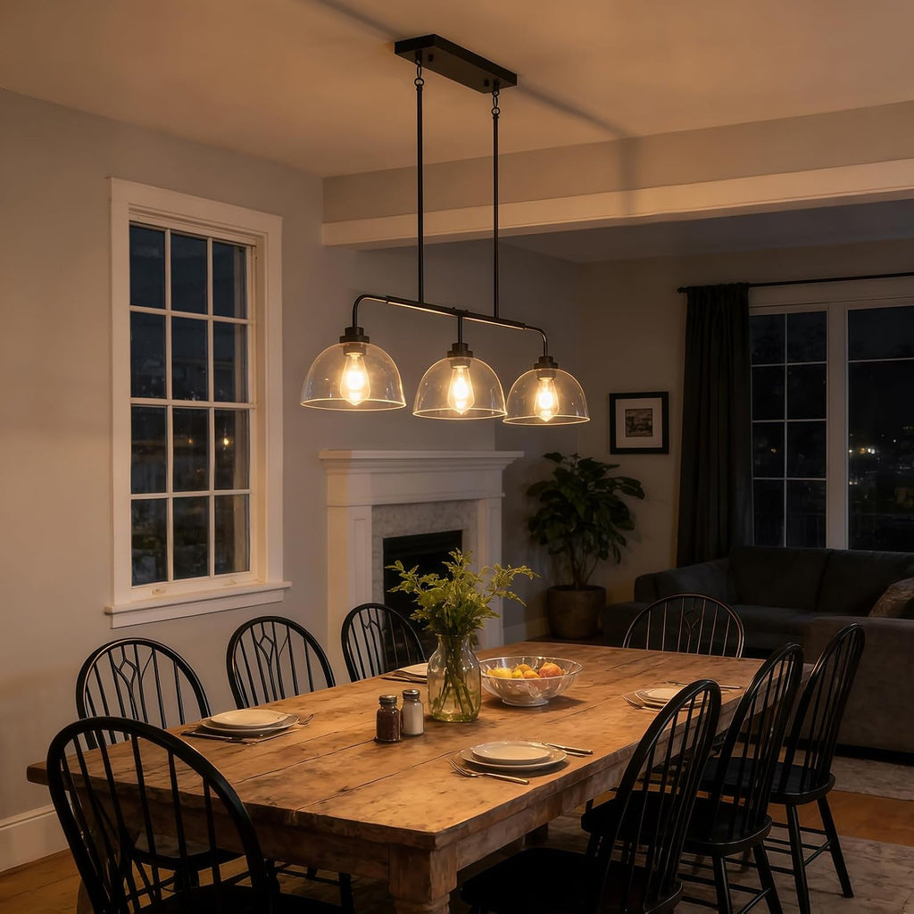 GoYeel 39.37" Kitchen Island Lighting, Large Dining Room Chandelier Over Table Black Pendant Lights Kitchen Island with 3 Big Clear Glass Dome,Height Adjustable,E26 Base