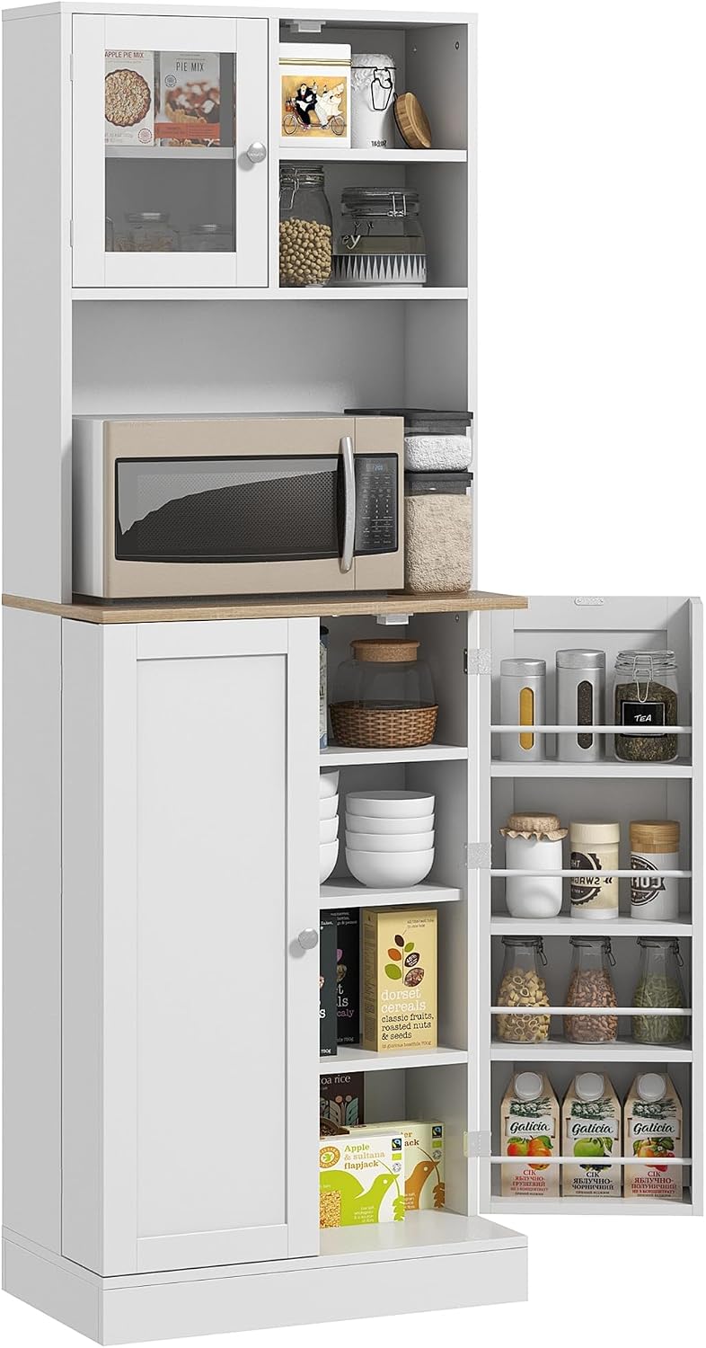 66.5" Kitchen Pantry Cabinet - Microwave Stand & Storage, 8 Shelves, White