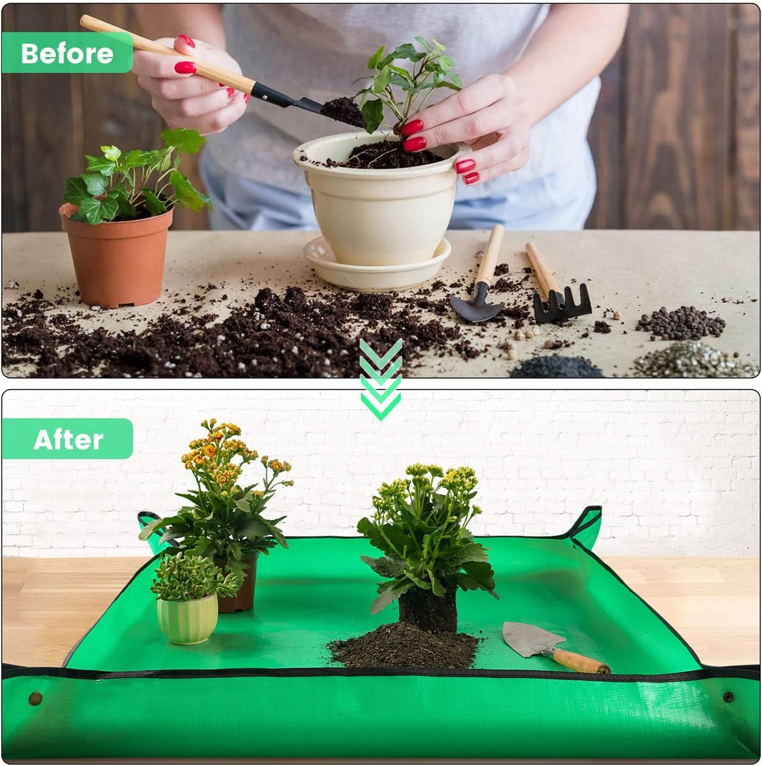 Repotting Mat for Indoor Plants, Green, Thickened PE, 26.8x26.8 Inch, Waterproof Portable Potting Tray for Transplanting and Dirt Control