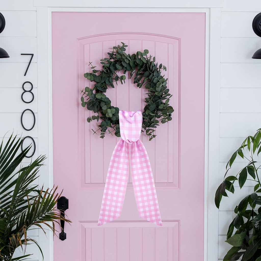 Pink Wreath Sash for Front Door - 2 Pcs Cotton Plaid Sashes for Wreaths Baby Shower Girl, 55.5 Inch Check Wreath Sash for DIY Embroidery Monogram Bow Party Home Decor
