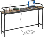 VECELO Narrow Sofa Table with Outlets & USB Ports, Industrial-Style Behind-Couch Table for Entryway, Hallway, Living Room, Bedroom, 71 Inch, Grey Oak