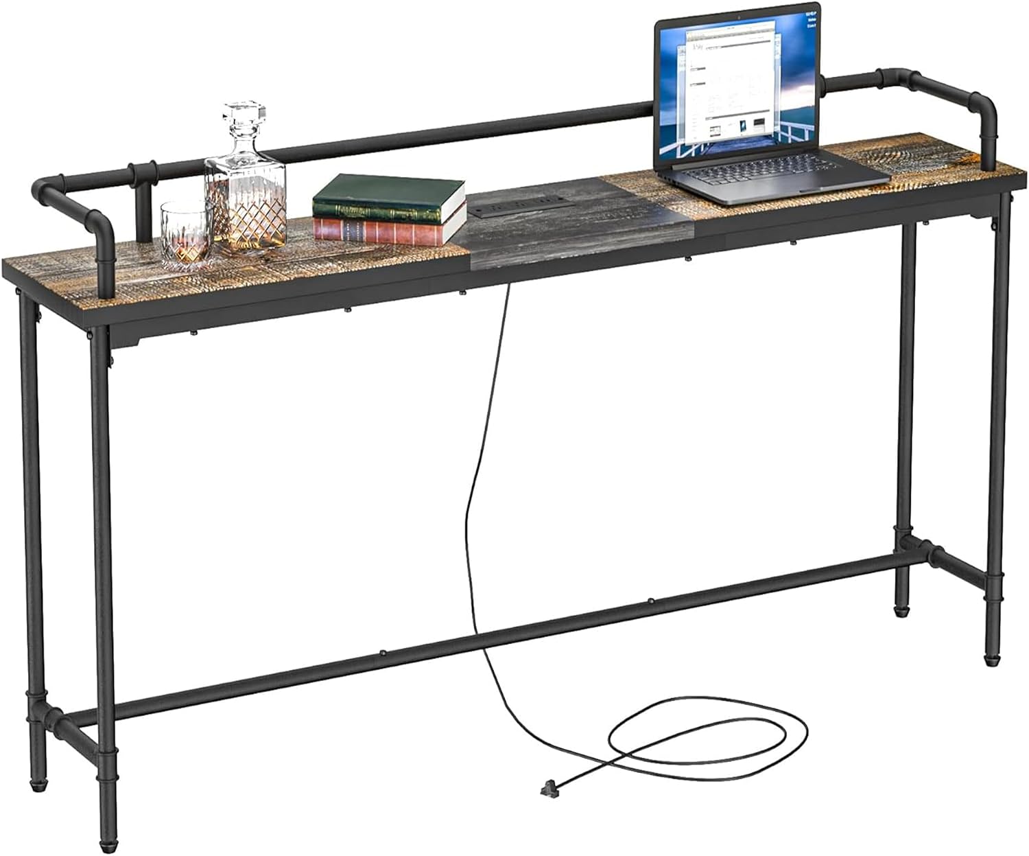 VECELO Narrow Sofa Table with Outlets & USB Ports, Industrial-Style Behind-Couch Table for Entryway, Hallway, Living Room, Bedroom, 71 Inch, Grey Oak