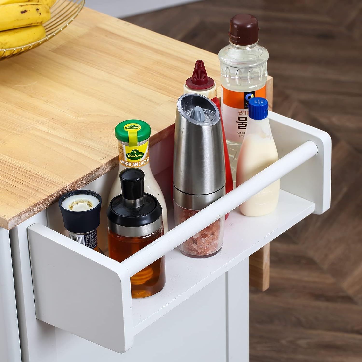 HOMREST 52" Mobil Kitchen Island Cart with Storage, Rolling Island with Drop Leaf and Rubberwood Countertop, Spice Rack, Adjustable Shelves and 5 Drawers, Island Table for Kitchen, White