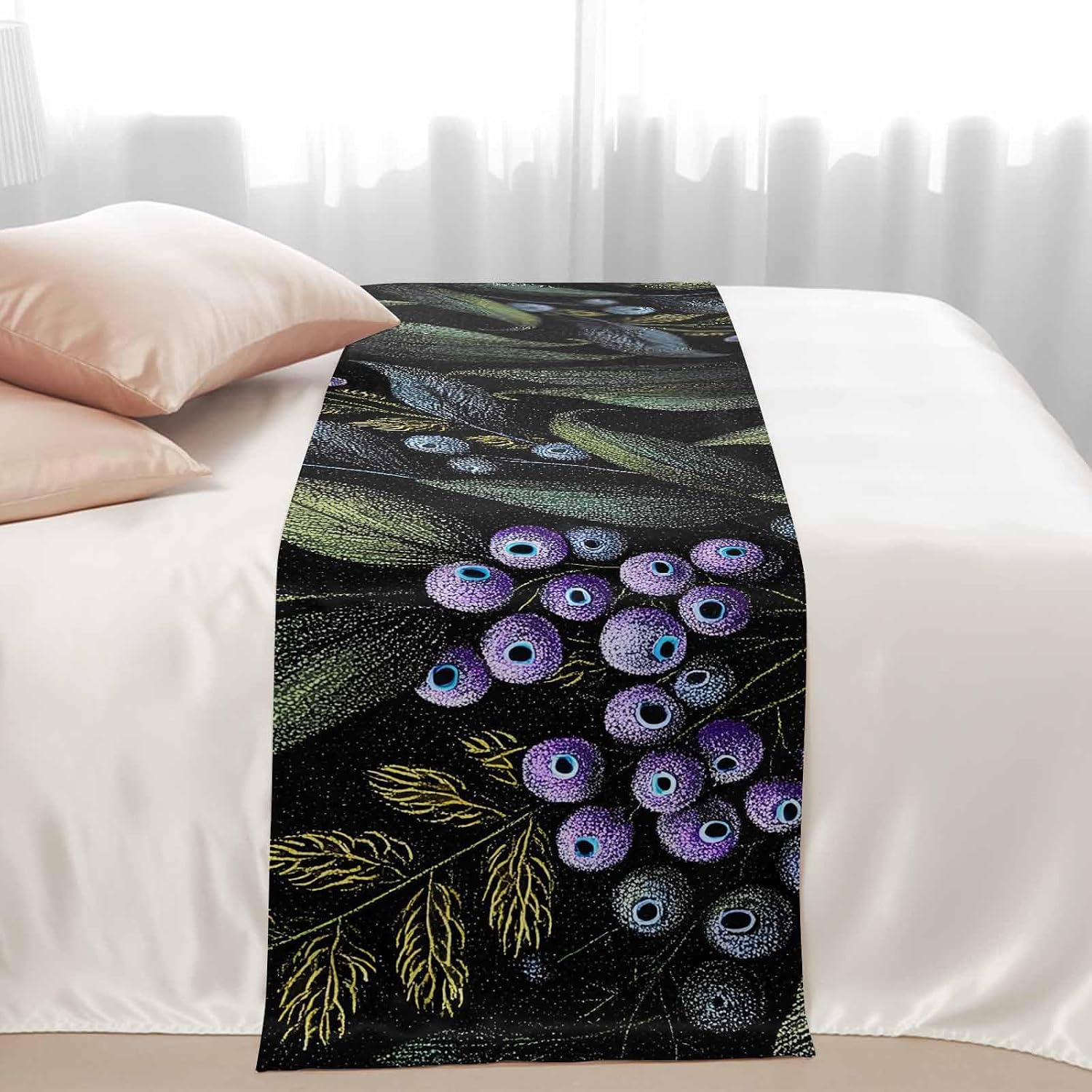 Purple Barrier Bed Runners for Queen Size Beds, Decorative Bed Throws for Foot of Beds, Luxury Bedding Protector Slipcover Vintage Abstract Art Botanical Leaves Bedrunners & Scarves for Hotel, 94"x20"