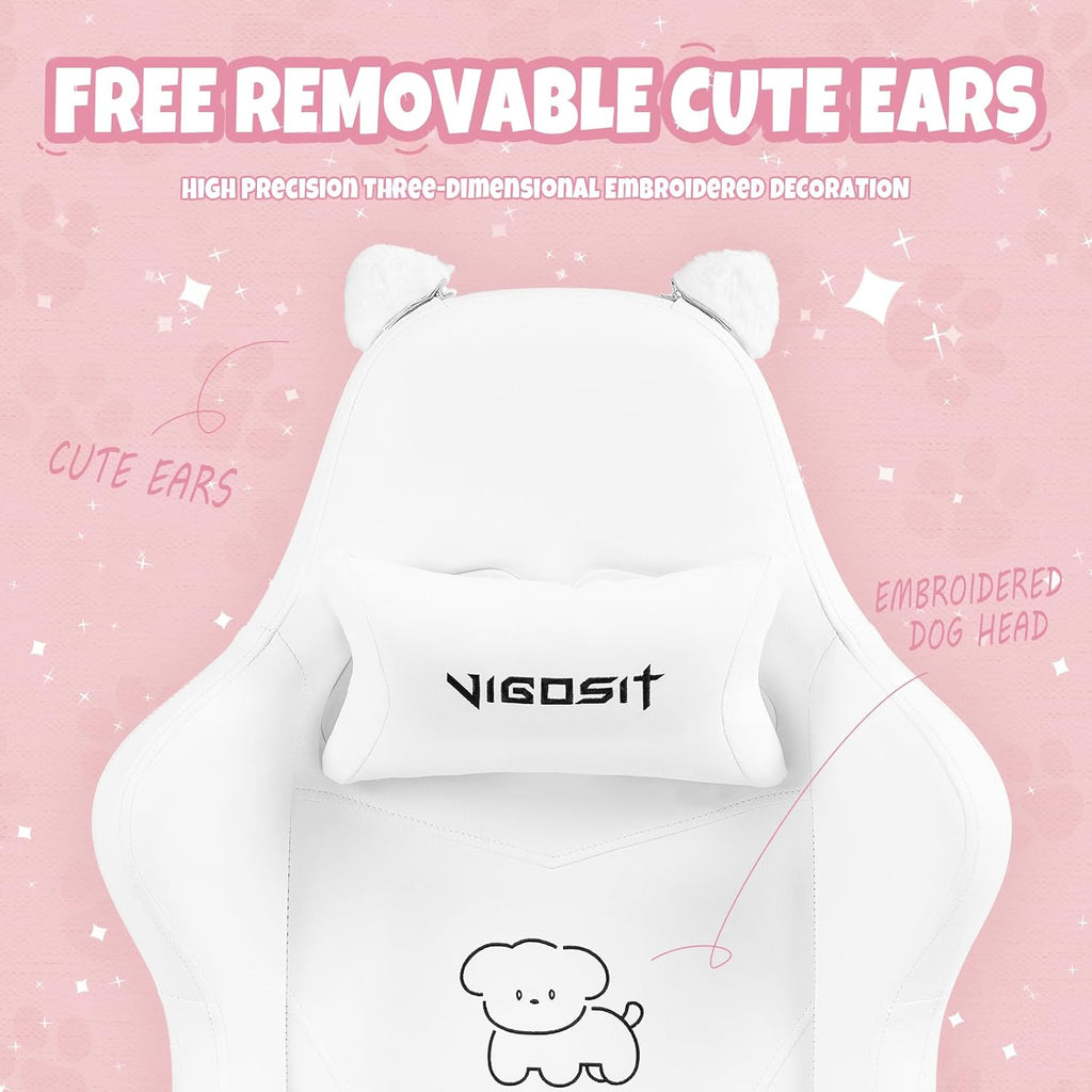 Vigosit White Dog Gaming Chair - Kawaii Design for Competitive Gamers & Adults, Ergonomic High Back with Lumbar Support, 310lbs Capacity