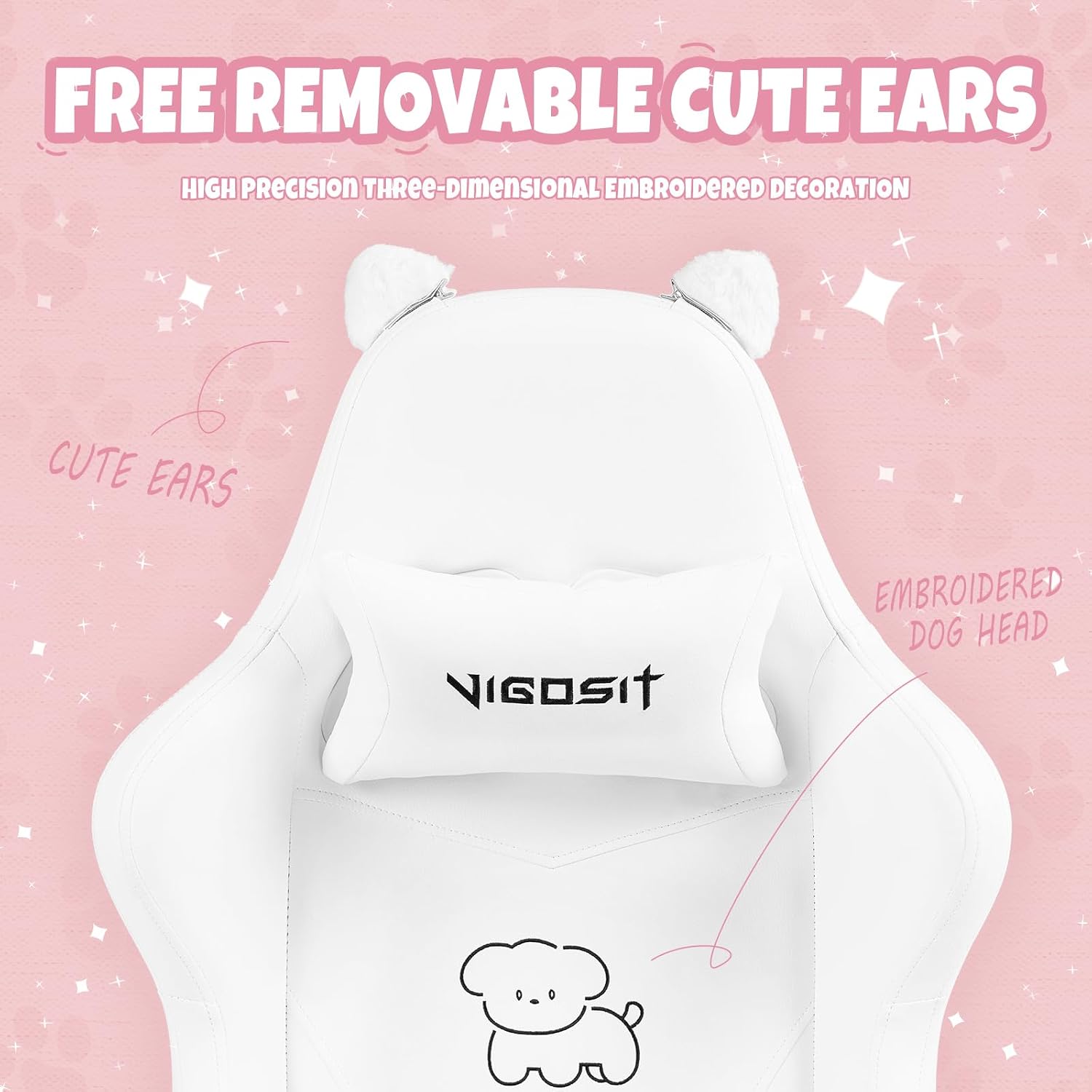 Vigosit White Dog Gaming Chair - Kawaii Design for Competitive Gamers & Adults, Ergonomic High Back with Lumbar Support, 310lbs Capacity