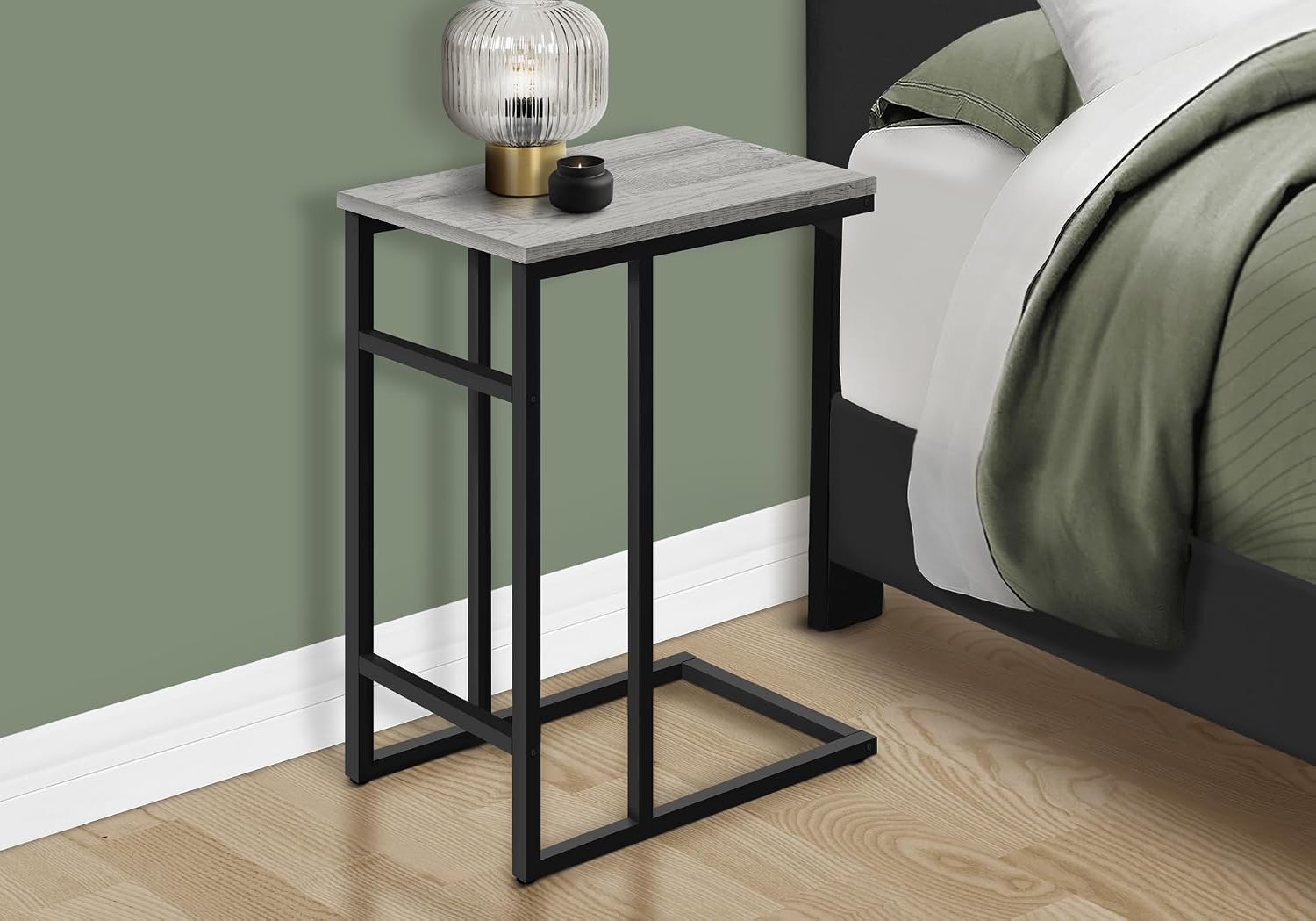 Accent Table, C Shaped, End, Side, Snack, Living Room, Bedroom, Grey Laminate, Black Metal, EN476