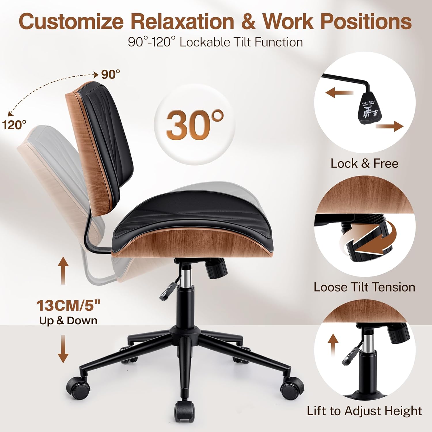 Ergonomic Armless Office Desk Chair - Mid-Century Modern Black Faux Leather with Diamond Stitch, Adjustable Height Swivel Rolling Task Computer Chair with Walnut Accent for Home Office, Study & Work
