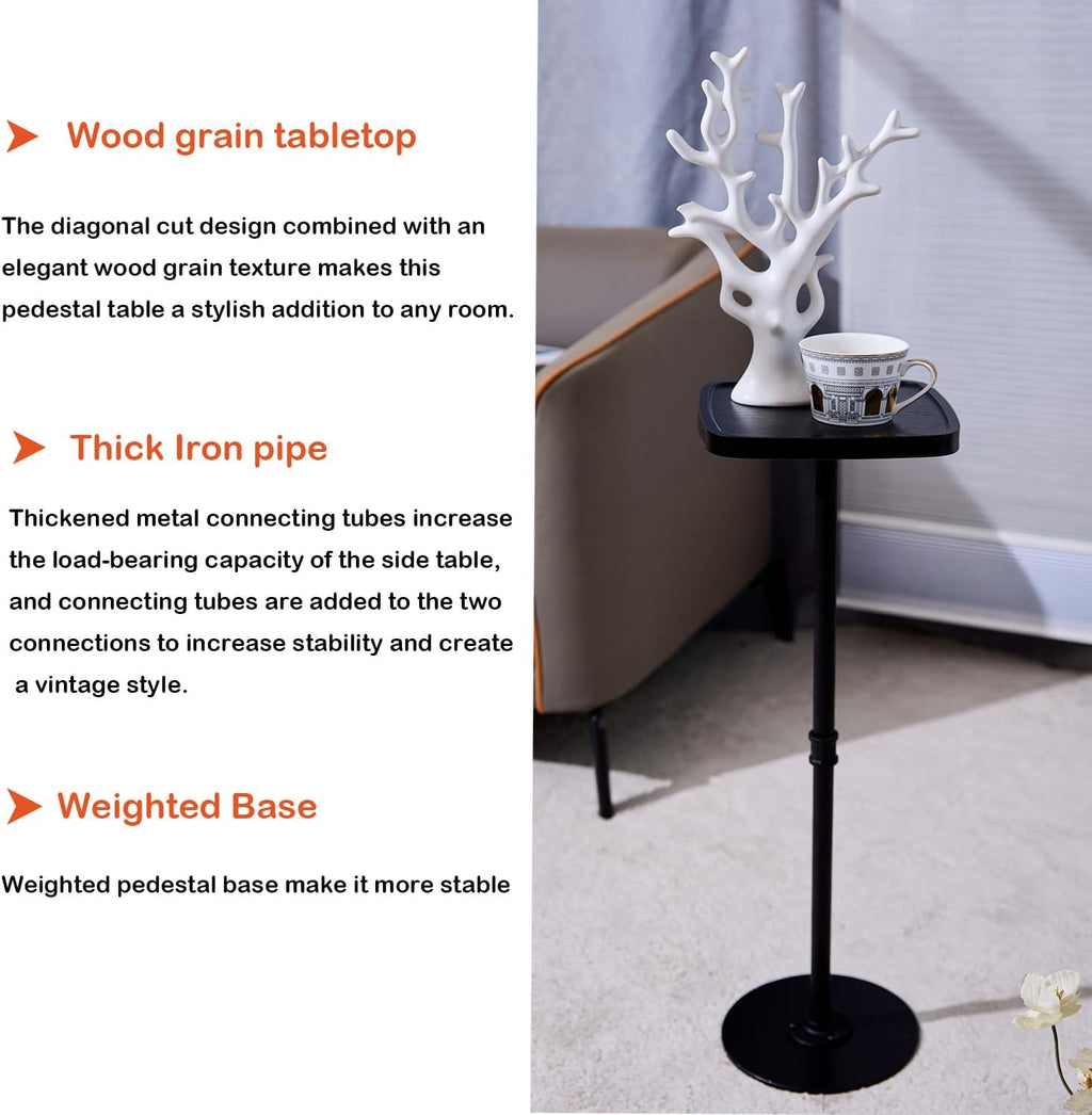 Drink Table, Small Pedestal Side Table, Cocktail Martini Tables Drink Stand, Modern Square Tiny Accent End Table with Metal Base for Small Spaces Living Room Bedroom Office Bar (Black)