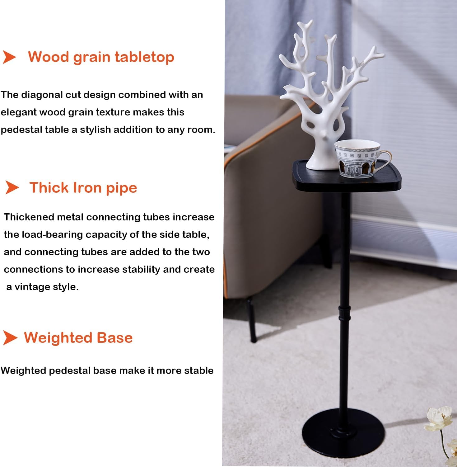 Drink Table, Small Pedestal Side Table, Cocktail Martini Tables Drink Stand, Modern Square Tiny Accent End Table with Metal Base for Small Spaces Living Room Bedroom Office Bar (Black)