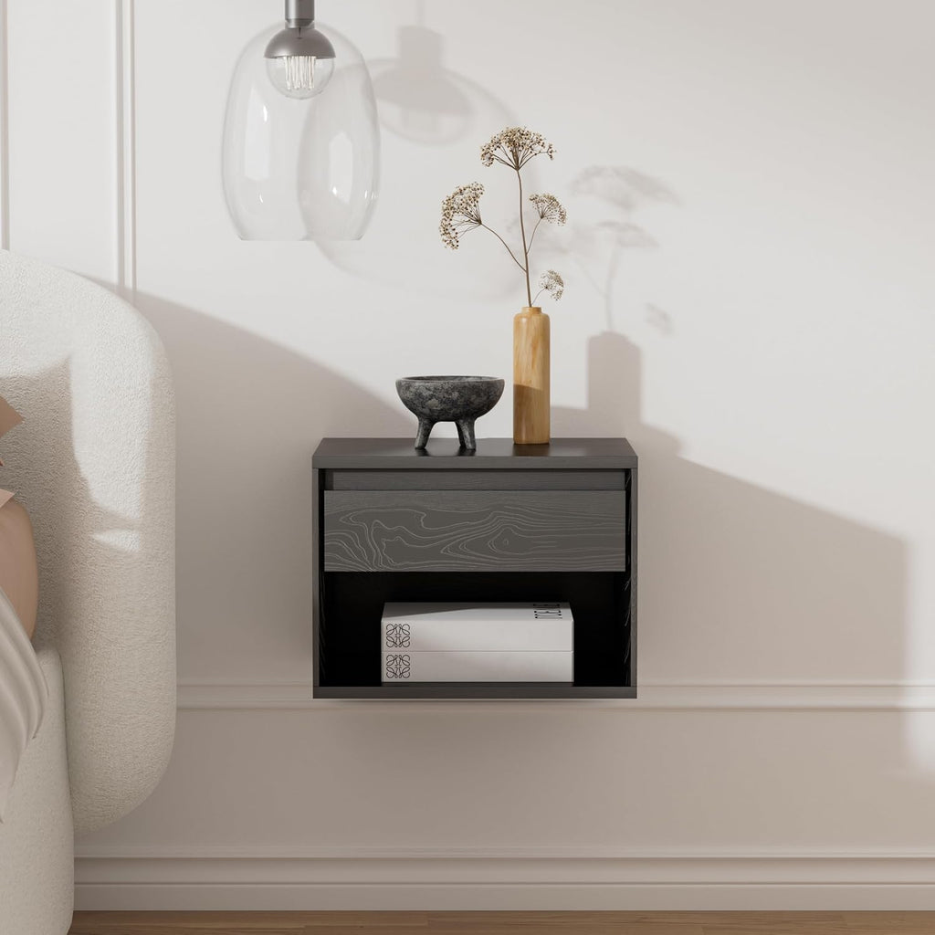 Mid Century Modern Floating Nightstand Set of 4, Wall Mounted End Table with Drawer and Open Compartment Wooden Bedside Night Stand Small Storage Cabinet for Bedroom, Black