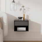 Mid Century Modern Floating Nightstand Set of 4, Wall Mounted End Table with Drawer and Open Compartment Wooden Bedside Night Stand Small Storage Cabinet for Bedroom, Black