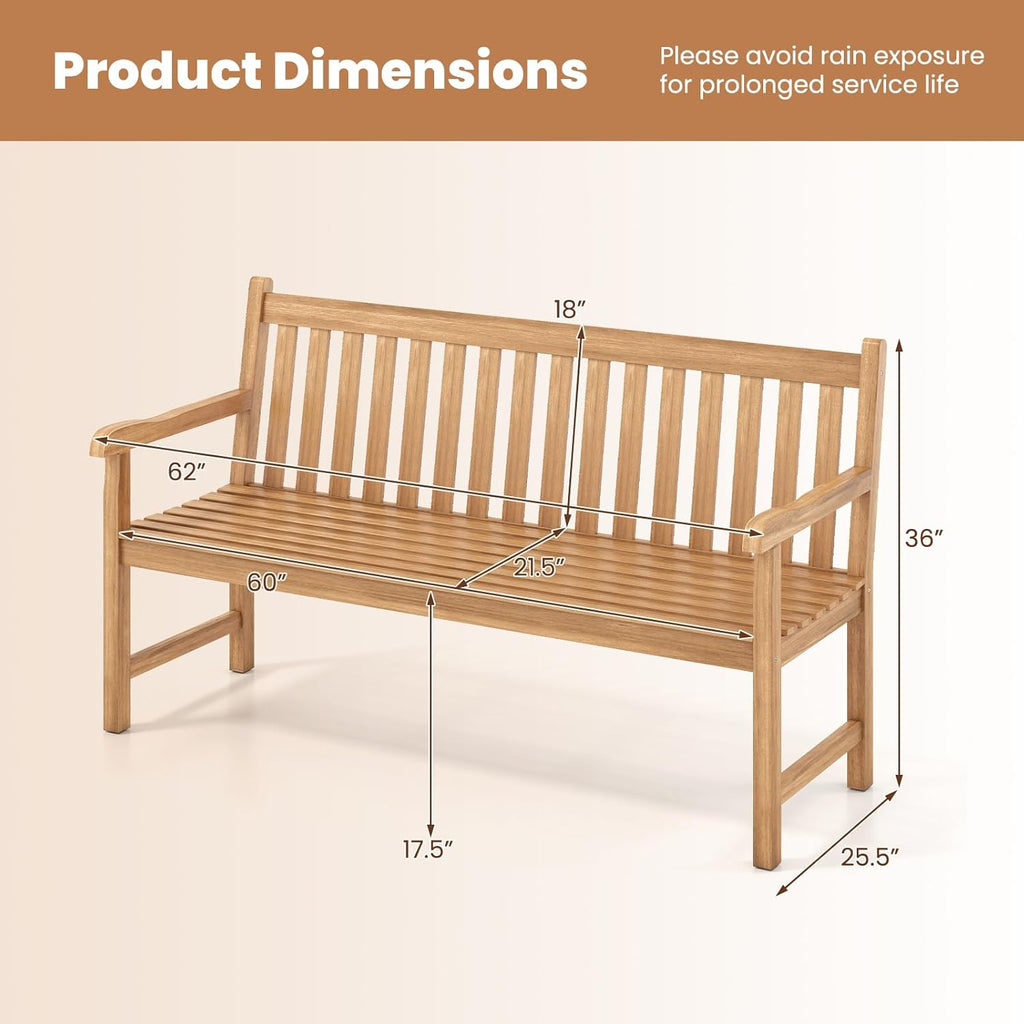 Tangkula 62" Teak Wood Outdoor Bench, 3-Seat Solid Wood Garden Patio Bench with Armrests and Backrest, Wooden Outside Porch Bench Seating Furniture for Backyard, Balcony and Park (62")