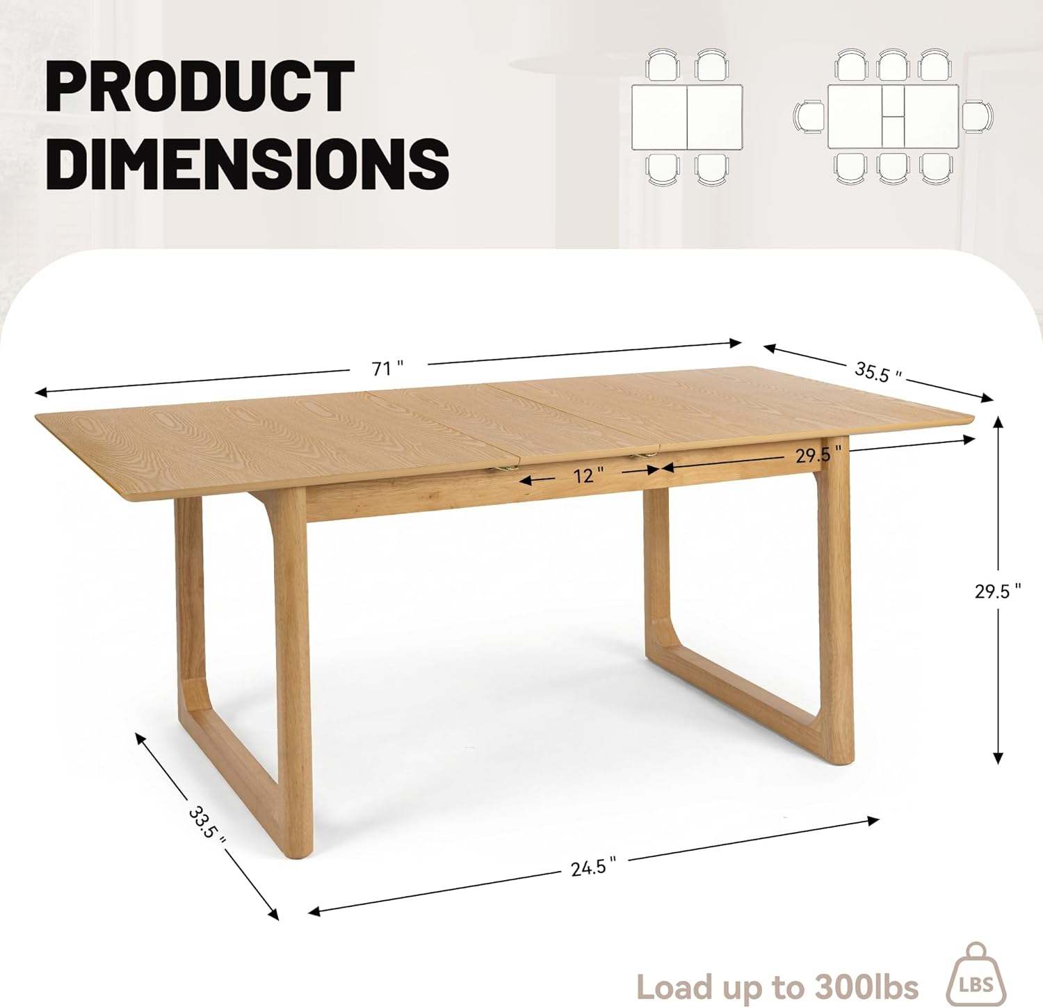 HNY Extendable Wood Dining Table for 4-8, 71" Inch Modern Rectangular Kitchen Tables with Wooden Base Farmhouse Dinner Table for Dining Room, Living Room, Home, Natural Oak