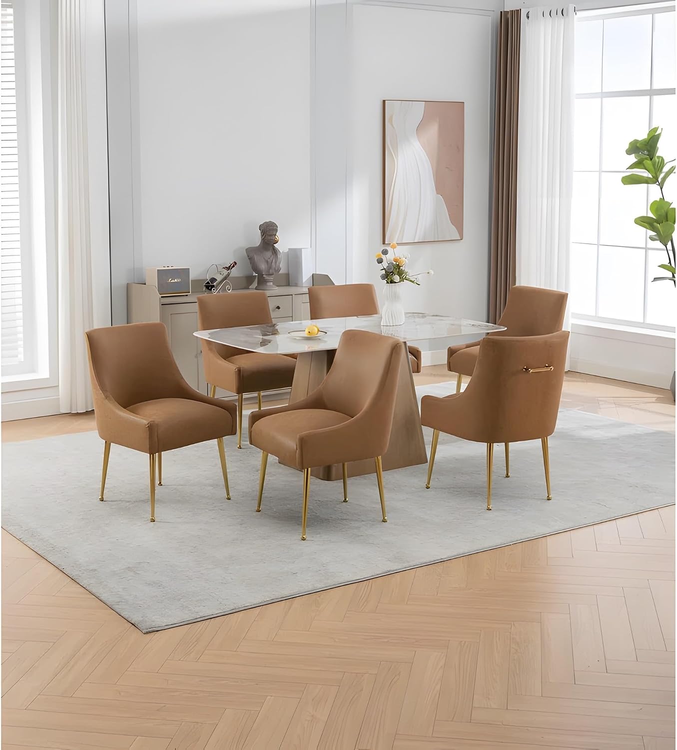 Dining Room Chair Faux Leather Vanity Chairs Set of 4 Mid-Century with Metal Legs Upholstered PU Leather Luxury Accent Chairs Living Room Restaurant(Brown)